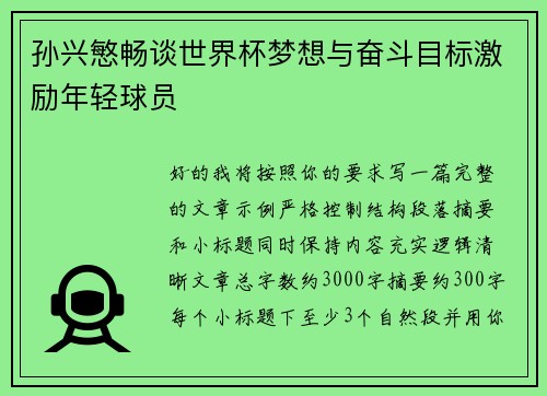 孙兴慜畅谈世界杯梦想与奋斗目标激励年轻球员